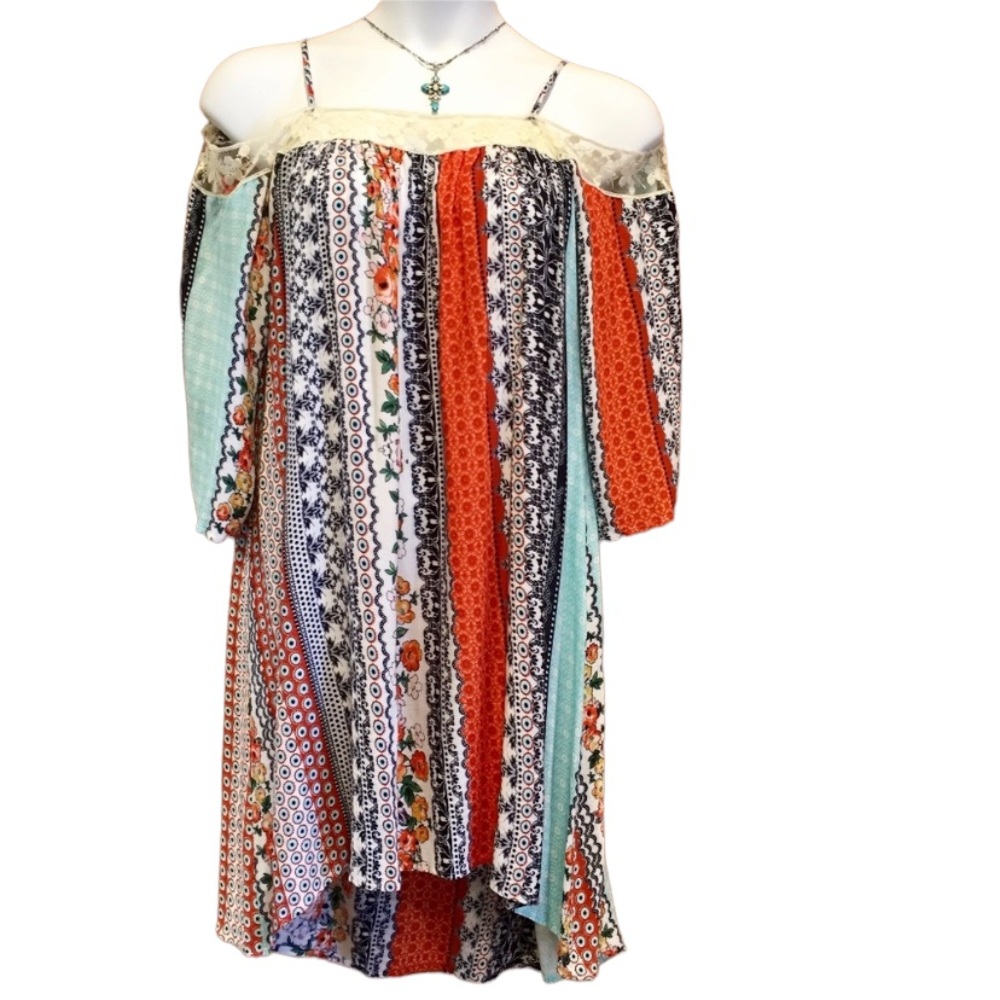 Tassels N Lace Floral Stripe High Low Off Shoulder Dress Large